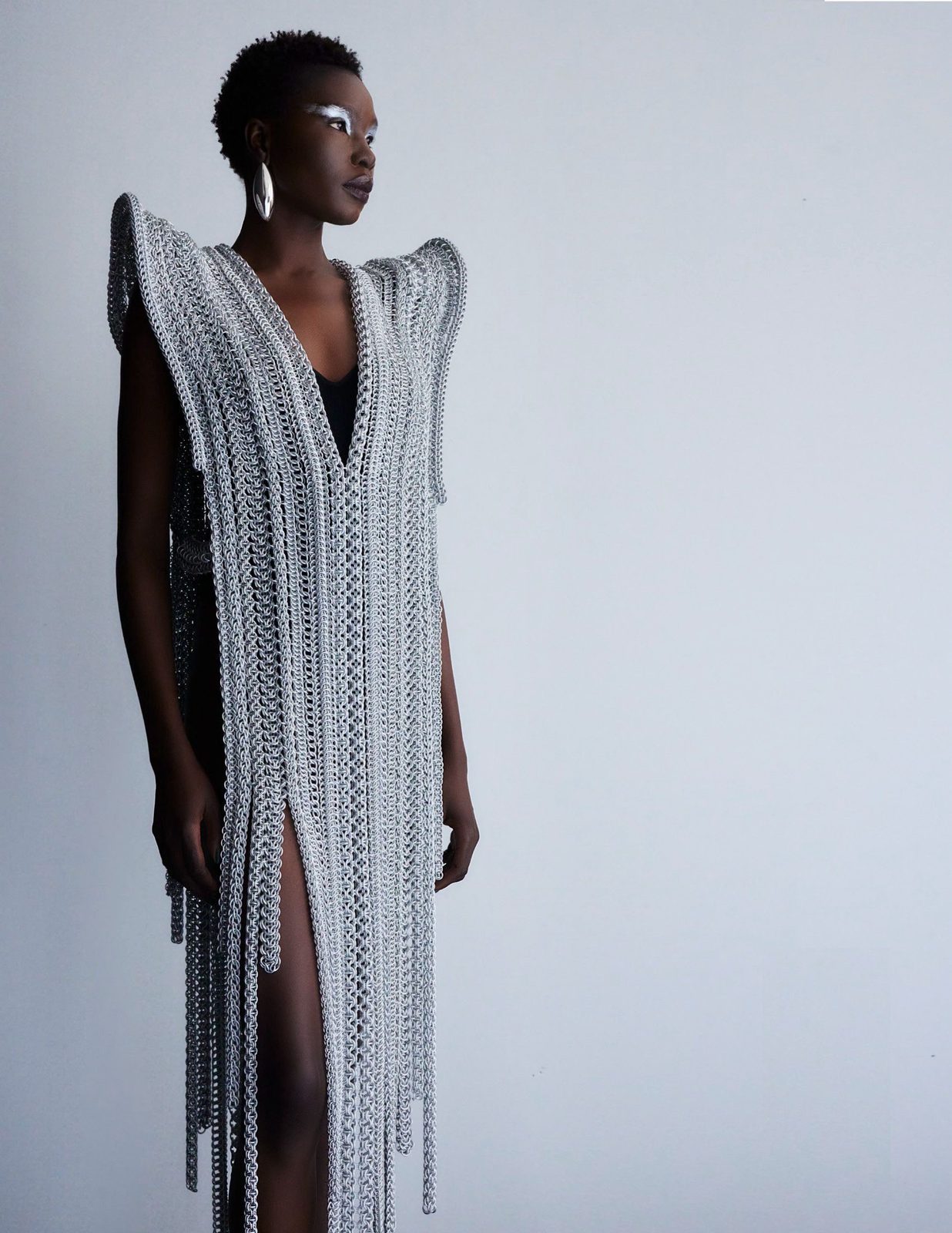 The Accessories Council first jewelry edition cover photo featuring the Free Maison Aluminum Apega Chainmail Dress — a floor-length couture gown hand-woven in silver anodized aluminum using Free Maison's proprietary ciphered technique, requiring over 200 hours of assembly. The chainmail fringe cascades from the hips to the floor against a dark background.
