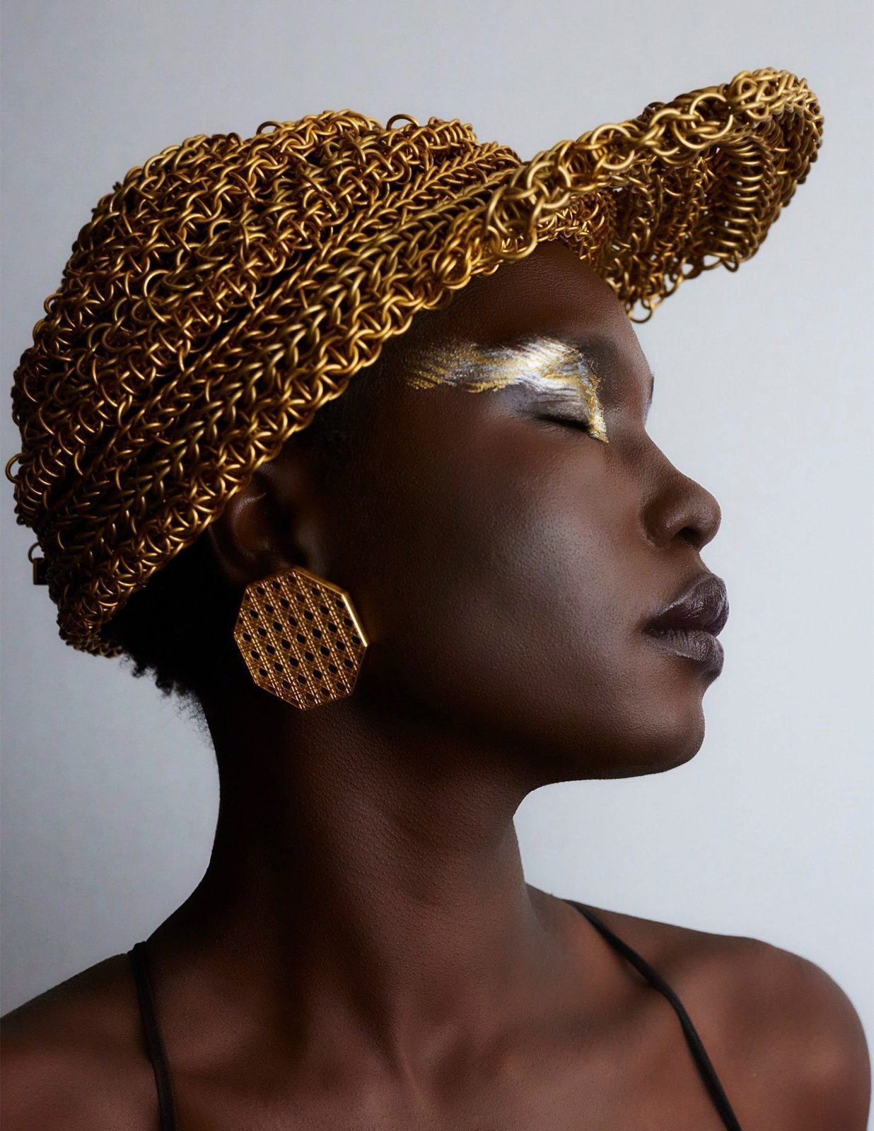 Accessories Council first jewelry edition shoot featuring a model with eyes closed wearing the Free Maison Gold Kabuto — a baseball cap-style hand-woven gold anodized aluminum chainmail cap — and a matching round gold chainmail earring. Gold eye makeup. Tightly cropped against a dark background.